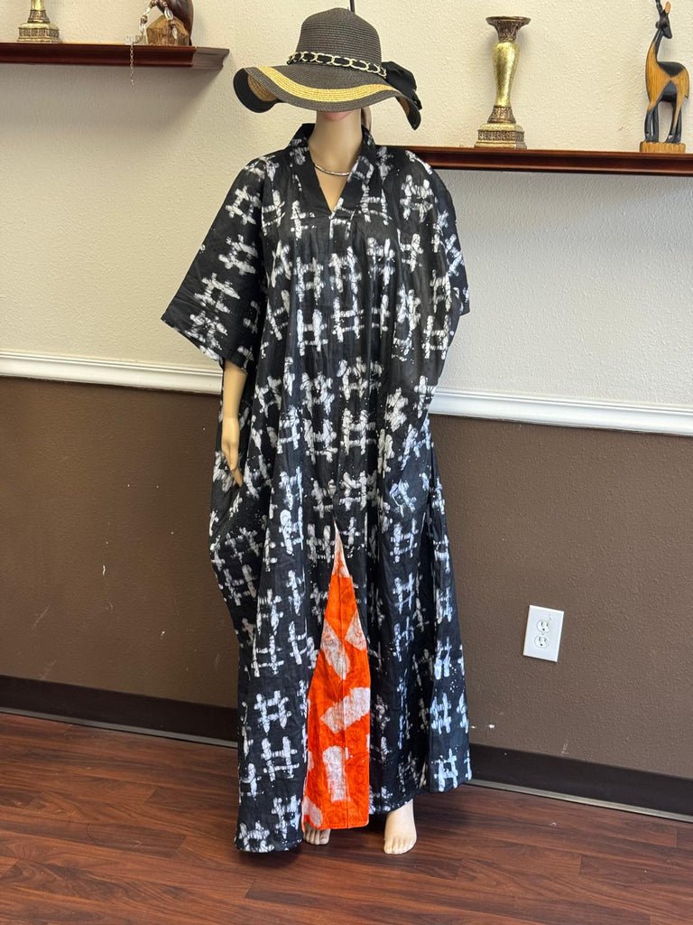 Black & White Tie-Dye Kaftan with Vibrant Orange Accent Panel