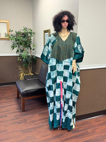 Emerald Horizon Tie-Dye Bubu with Aso-Oke Chest Patch & Color-Slit Accent