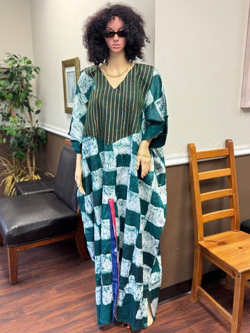 Emerald Horizon Tie-Dye Bubu with Aso-Oke Chest Patch & Color-Slit Accent
