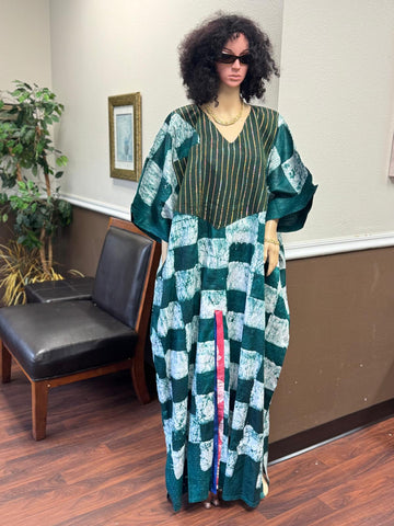 Emerald Horizon Tie-Dye Bubu with Aso-Oke Chest Patch & Color-Slit Accent