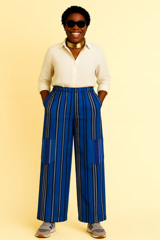 Blue Aso-Oke Stripe Wide-Leg Combat Pants