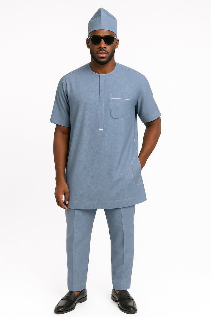 Sky Blue Classic Buba Set with White Accent Stitching