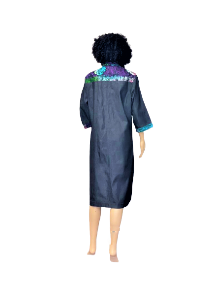 Denim Ankara Patchwork Shirt Dress  Collar-Neck Button-Down with Fron   FloFlourish
