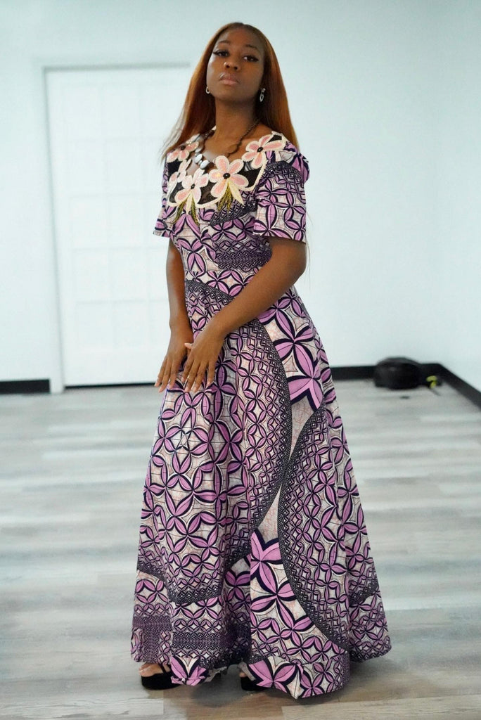 Purple Ankara A-Line Dress with Floral Neck Embroidery L Purple Ankara A-Line Dress with Floral Neck Embroidery L