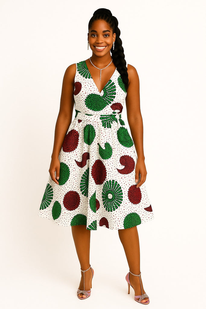 Sleeveless Ankara Fit-and-Flare Dress with V-Neck, Side Ties & Zipper FloFlourish Sleeveless Ankara Fit-and-Flare Dress with V-Neck, Side Ties & Zipper FloFlourish