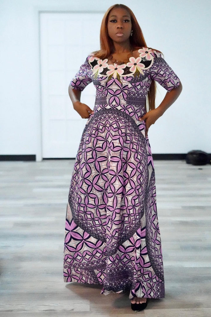 Purple Ankara A-Line Dress with Floral Neck Embroidery FloFlourish Purple Ankara A-Line Dress with Floral Neck Embroidery FloFlourish