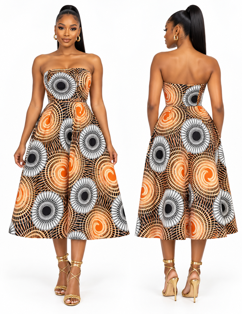 Elegant Sunrise Ankara Strapless Flare Midi Dress