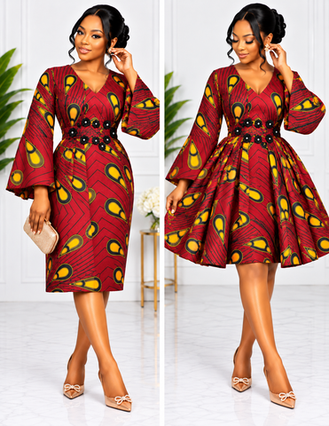Elegant Royal Ruby Ankara Convertible Double Dress – 2-in-1 Style