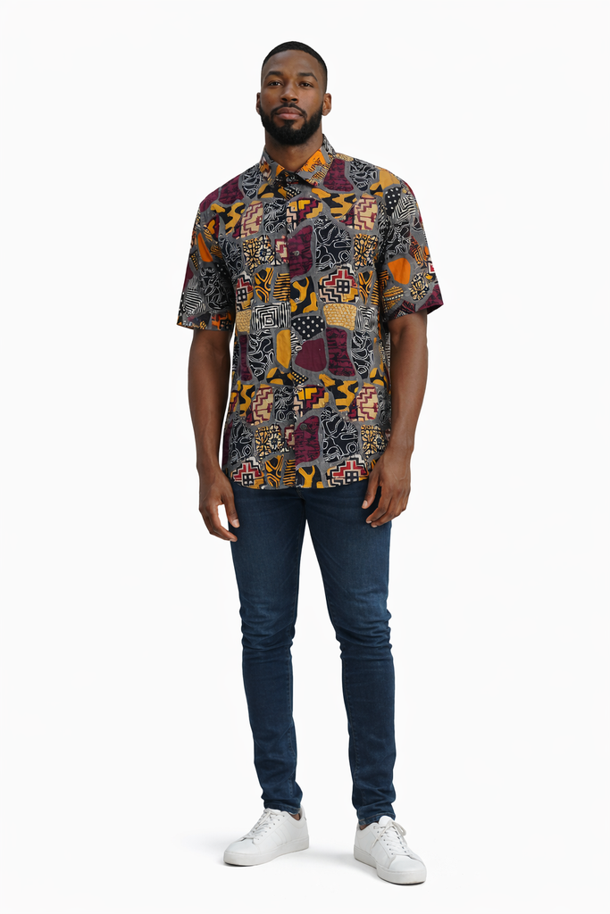 Multicolor Ankara Patchwork Short-Sleeve Shirt
