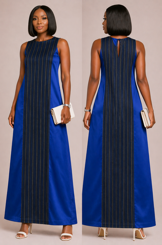 Royal Blue Aso-Oke Panel Maxi Dress with Vertical Stripe Detail