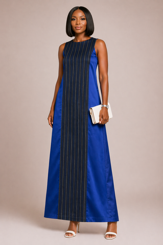 Royal Blue Aso-Oke Panel Maxi Dress with Vertical Stripe Detail