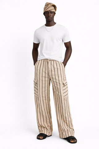 Aso-Oke Striped Wide-Leg Cargo Pants & Hat Set
