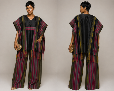 Oversized Aso-Oke Striped Set with Pants – Statement Luxe Ensemble