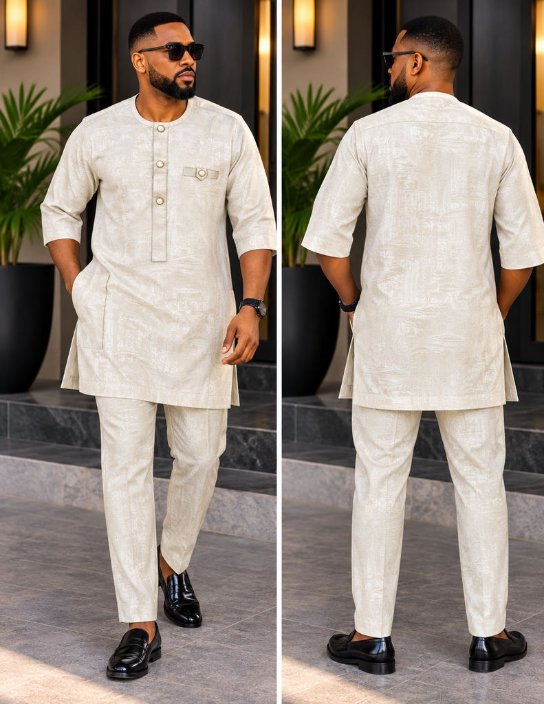 Men's Luxury Cream Brocade Senator Set – 3-Button Traditional Outfit