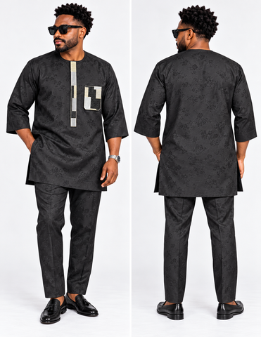 Men’s Premium Black Floral Damask Senator Two-Piece Set with Gold & Silver Geometric Embroidery