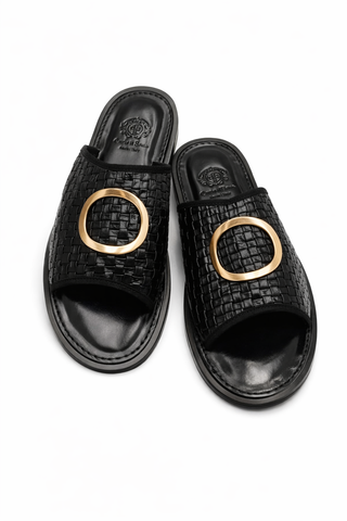Black Woven Leather Slide Sandals with Gold Accent