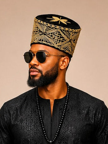 Black & Gold Embroidered Royal Traditional Cap