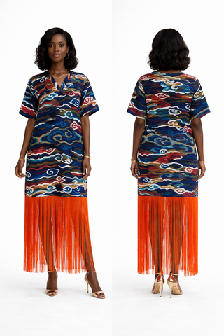 Abstract Wave Print Fringe Midi Dress