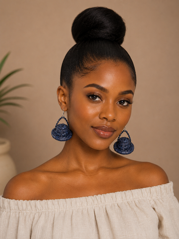 Raffia Mini Hat Earrings – Navy Blue African Statement Earrings
