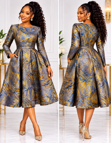 Elegant Royal Sapphire Gold Damask Long Sleeve Flared Midi Dress
