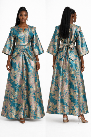 Luxury Brocade Bow-Back Maxi Dress