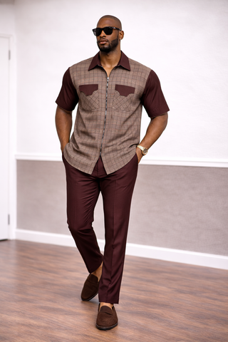Classic Brown Check Zip-Up Senator Set with Slim Fit Trousers