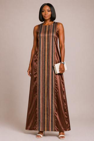 Brown Blue Aso-Oke Panel Maxi Dress with Vertical Stripe Detail