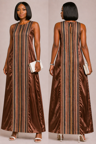 Brown Blue Aso-Oke Panel Maxi Dress with Vertical Stripe Detail