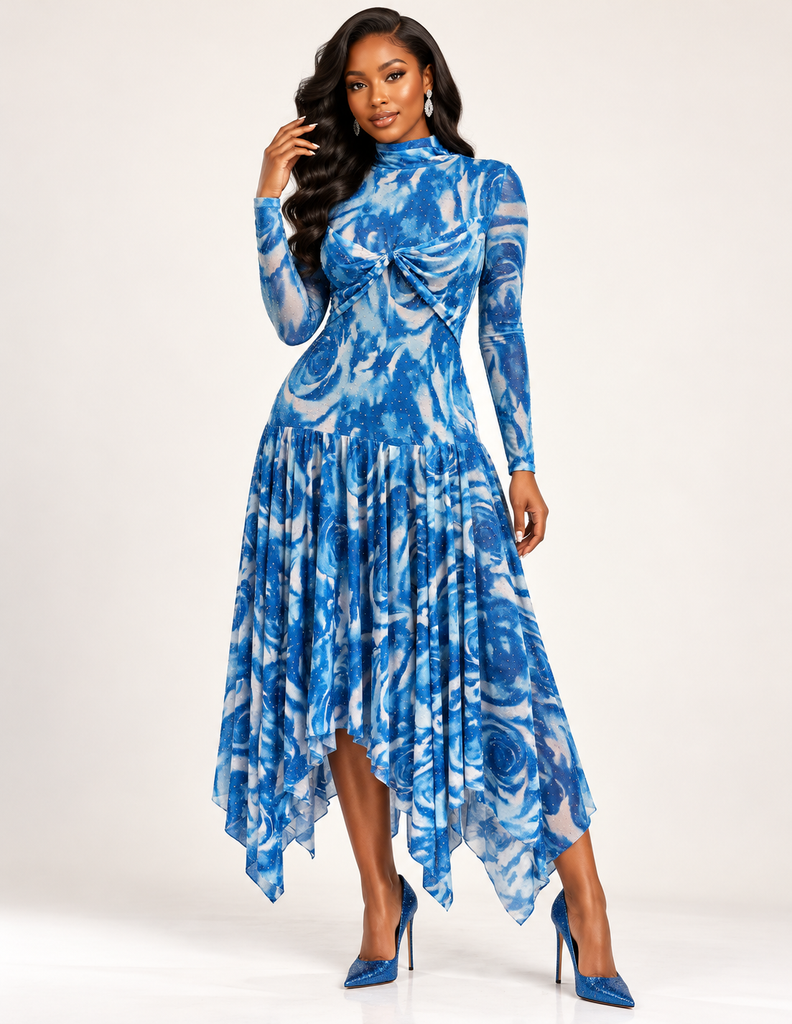 Elegant Celestial Blue Body Mesh Handkerchief Hem Dress