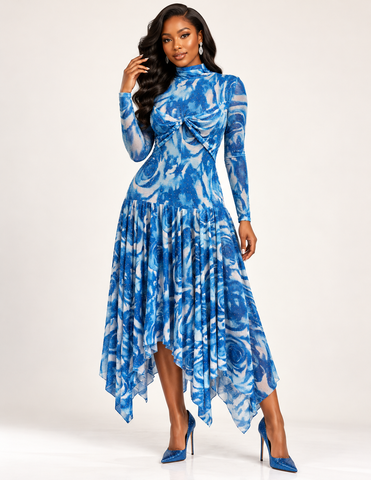 Elegant Celestial Blue Body Mesh Handkerchief Hem Dress