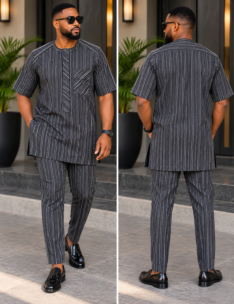 Men's Black Pinstripe Short-Sleeve Senator Two-Piece Set with Slant Flap Chest Pocket