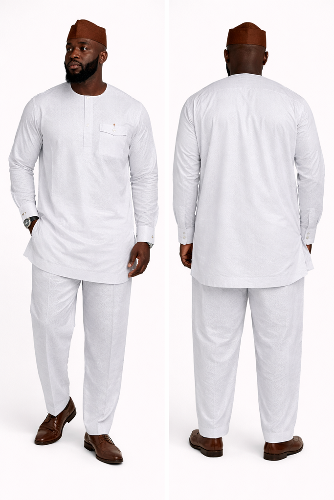 Luxury White Textured Senator Set with Structured Chest Pocket Detail