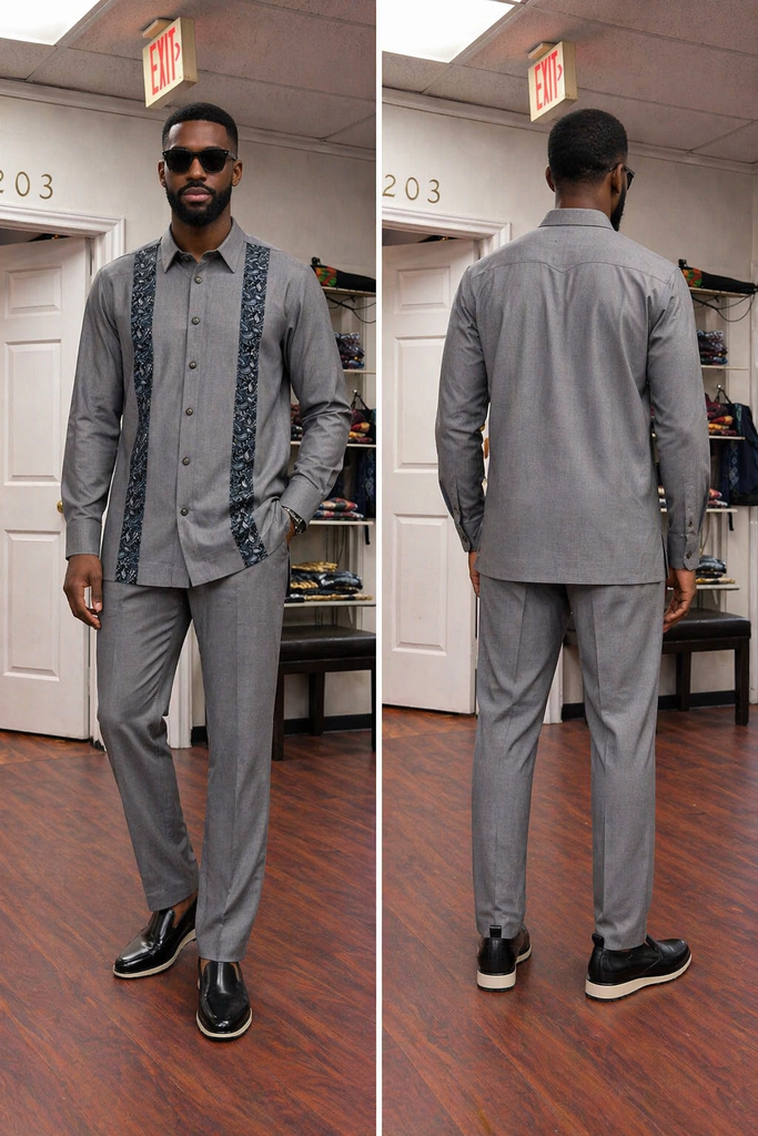 Men’s Grey Senator Set with Paisley Panel Detail & Matching Trousers