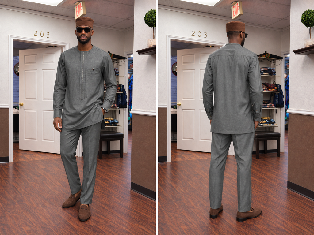 Men’s Charcoal Senator Set with Minimal Chest Detail & Matching Trousers