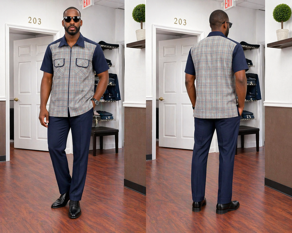Men’s Navy & Plaid Short Sleeve Senator Set with Contrast Panel Design