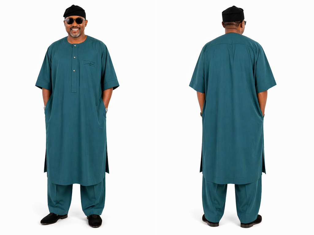 Men’s Deep Teal Oversized Kaftan Set with Button Placket & Matching Trousers