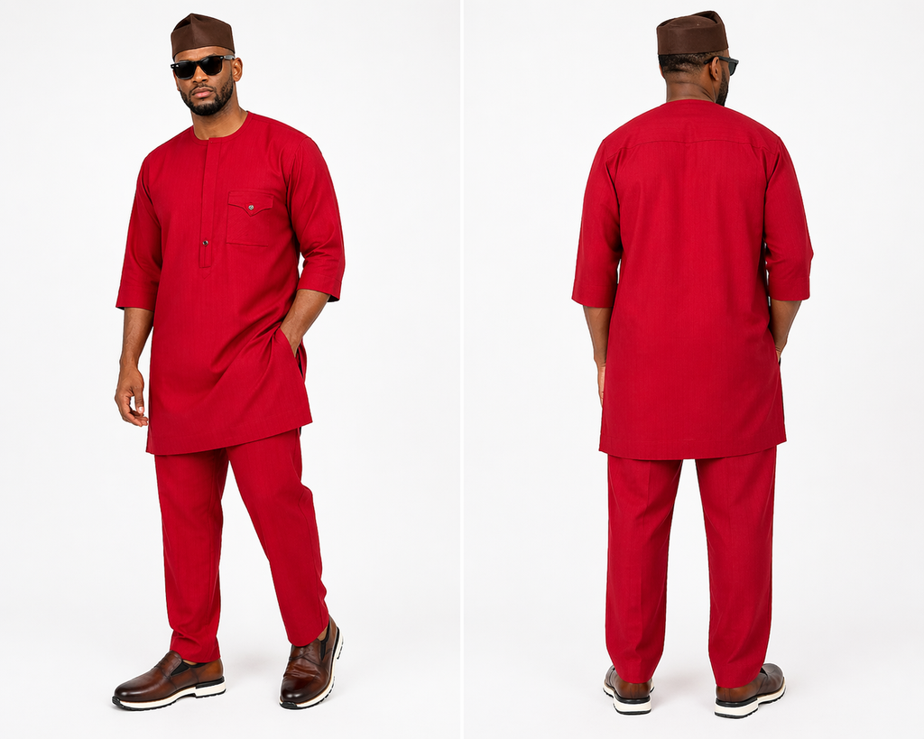 Men’s Bold Red Senator Set with Flap Chest Pocket & Matching Trousers