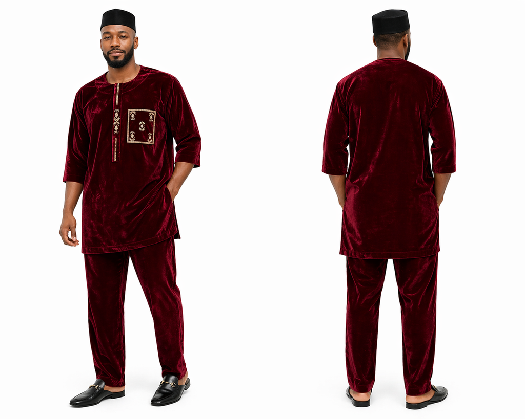 Men’s Burgundy Velvet Senator Set with Embroidered Chest Detail & Matching Trousers