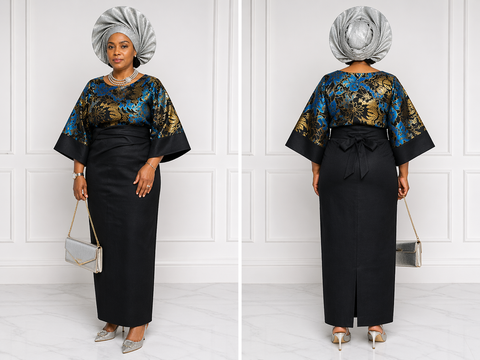 Luxury Damask Buba & Black Aso-Oke Iro Set with Silver Gele