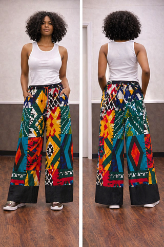 Vibrant Patchwork Wide-Leg Pants with Black Aso-Oke Hem