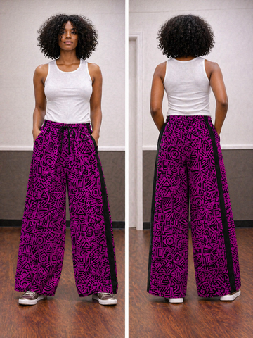 Bold Purple Wide-Leg Pants with Black Aso-Oke Side Tape