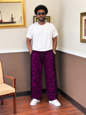 Purple Statement Wide-Leg Pants with Black Aso-Oke Side Detail