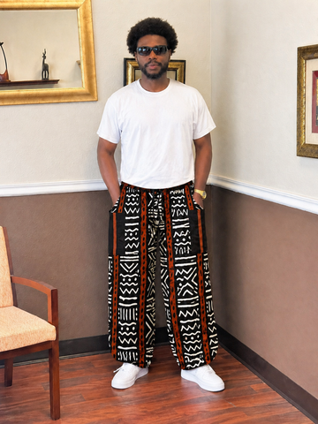Black & White Tribal Wide-Leg Pants with Aso-Oke Pocket Detail