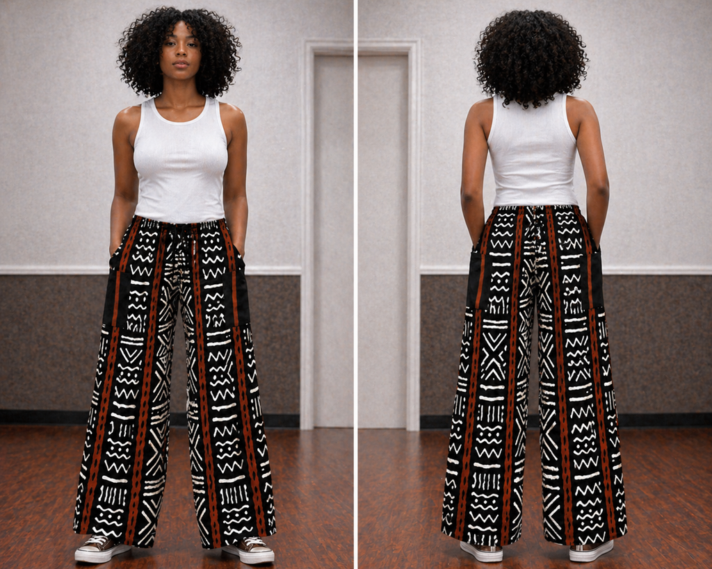 Black & White Tribal Wide-Leg Pants with Aso-Oke Pocket Accent
