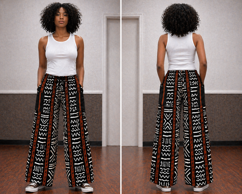 Black & White Tribal Wide-Leg Pants with Aso-Oke Pocket Accent