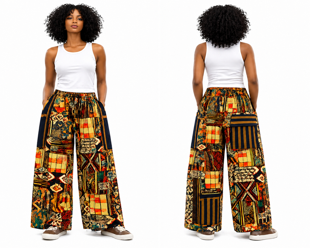 Vibrant Ankara Wide-Leg Pants with Aso-Oke Flap Pocket Detail