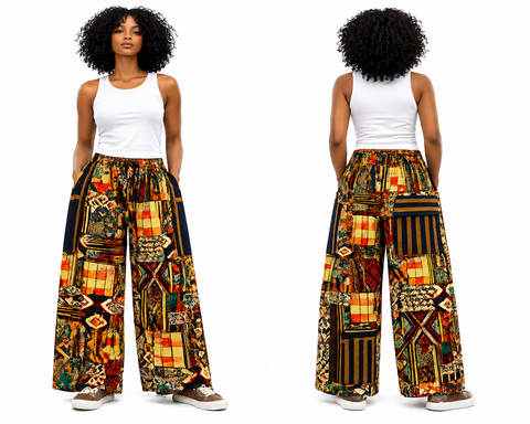 Vibrant Ankara Wide-Leg Pants with Aso-Oke Flap Pocket Detail