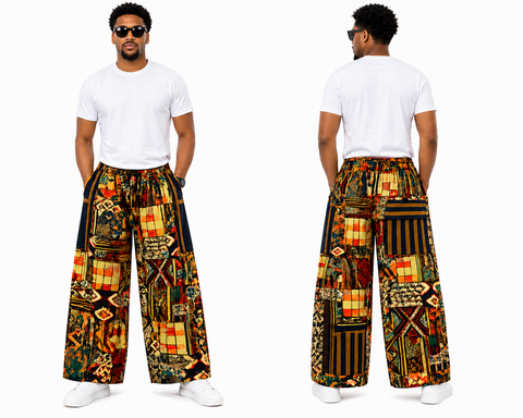 Men’s Ankara Wide-Leg Pants with Aso-Oke Flap Pocket Detail