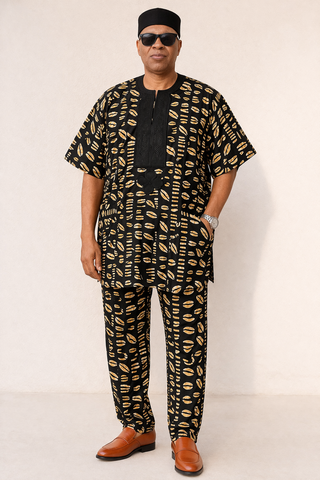 Black & Gold Ankara Bat Sleeve Senator Set (Free Style)