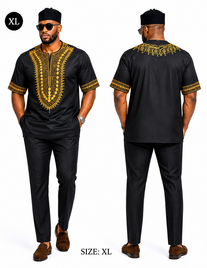 FloFlourish Royal Gold Embroidered Men’s Senator Set – Black | XL